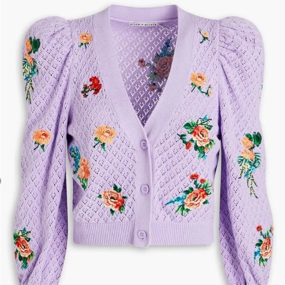 NWT Alice + Olivia Morita Floral Puff Sleeve Cropped Cardigan